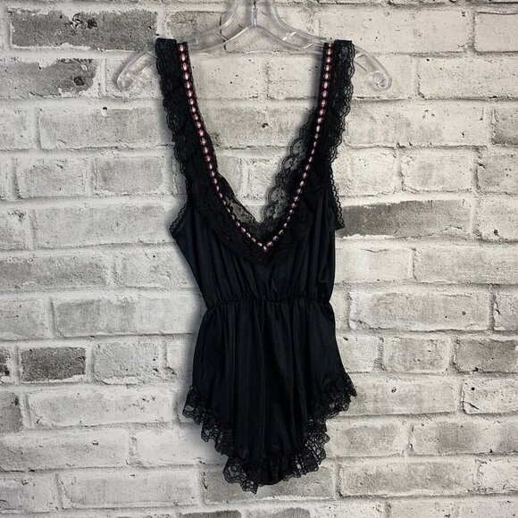 Vintage Dominique Black Satin Lace Teddy Romper Lingerie Bodysuit - Picture 7 of 11